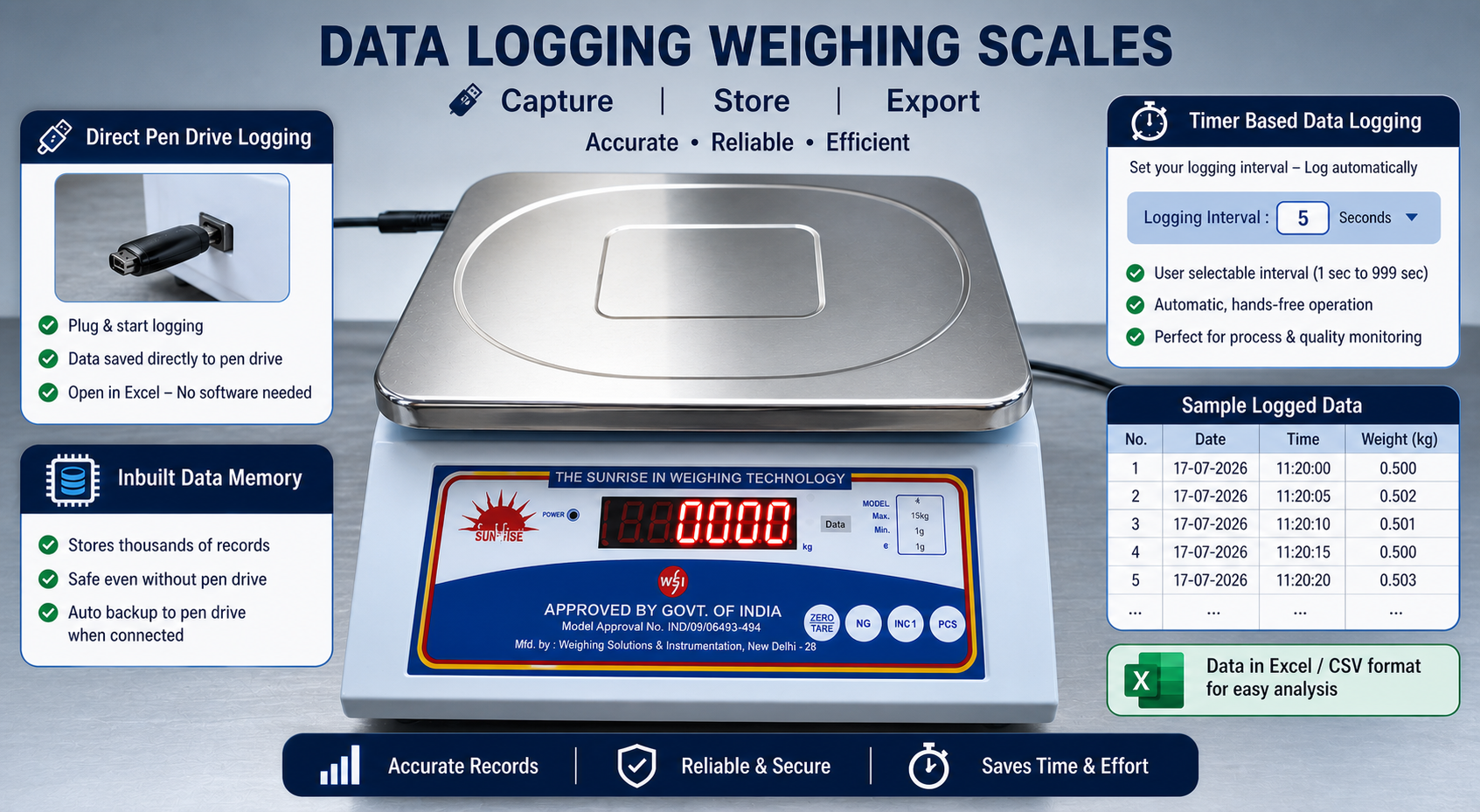 Data logging weighing scale with pen drive, timer based logging and Excel CSV export